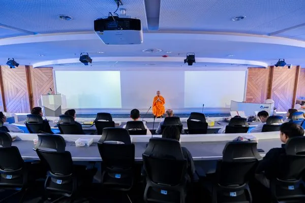 The lights lowered for the guided meditation