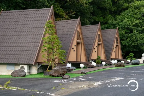 The A-frame cabins where we stayed, set against the forest